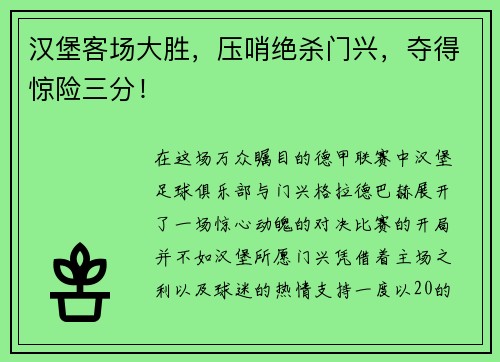 汉堡客场大胜，压哨绝杀门兴，夺得惊险三分！
